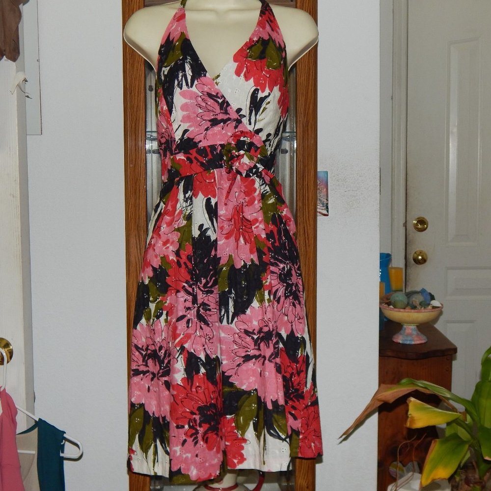 NWT $178 MUSE Red Pink Smocked Eyelet Floral Halter XS 2 Cruise Beach